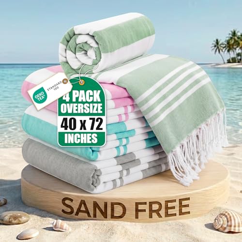4-Pack Oversized Turkish Beach Towels, 100% Cotton, 40 x 72 Inch