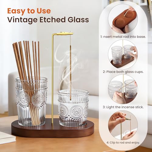 2-in-1 Vintage Glass Incense Burner with Wood Base - Upside Down Ash Catcher