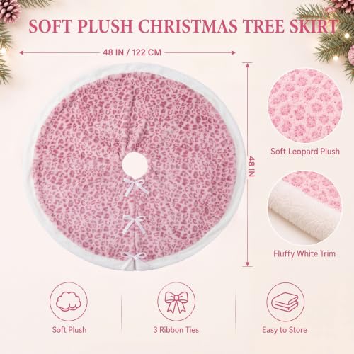 Relaxgiant 48 Inch Pink Leopard Christmas Tree Skirt Faux Fur Holiday Decor