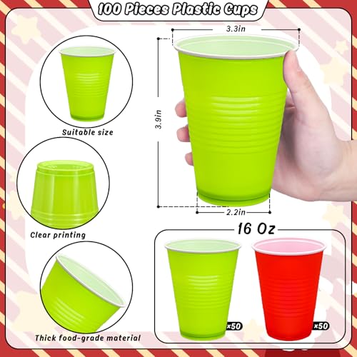 Green & Red 16oz Christmas Plastic Cups, 100-Pack, Stackable Disposable Party Cups