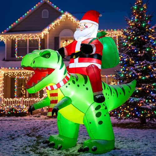 Candieslife Santa & Dinosaur Inflatable - 8ft Christmas Yard Decor with LED Lights