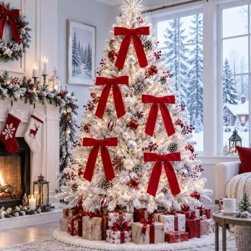 KINDSIGN Red Velvet Christmas Bows 30-Pack for Tree Decor – 5x7 Inches