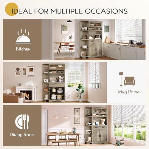 67-Inch Farmhouse Kitchen Hutch with Charging Station, Drawer and Shelves