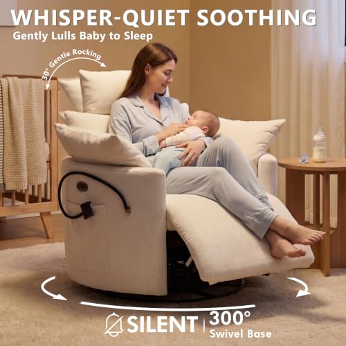 Chenille Power Recliner Nursery Chair with Adjustable Headrest and USB Port