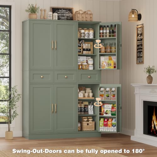 72-Inch Tall Kitchen Pantry Cabinet with Swing-Out Doors and Drawers, Green
