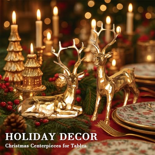 Gleemoria Gold Christmas Reindeer Statue Set with Christmas Trees - Holiday Decor