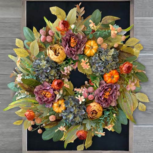 24-Inch Fall Front Door Wreath with Hydrangeas, Peonies, and Pumpkins