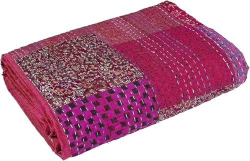 Handmade Silk Kantha Quilt - Vintage Patchwork Throw, 60" x 40"