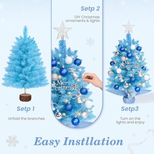 Blue Mini Christmas Tree with Lights - 2 Ft Tabletop Holiday Decor, HOMDAILY