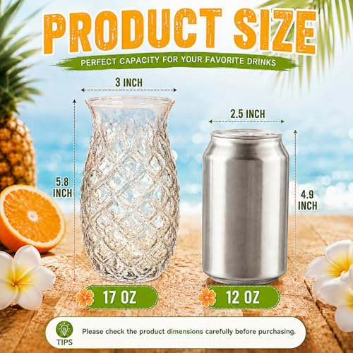 6-Pack Pineapple Drinking Glasses with Straws, 17 Oz Embossed Glassware