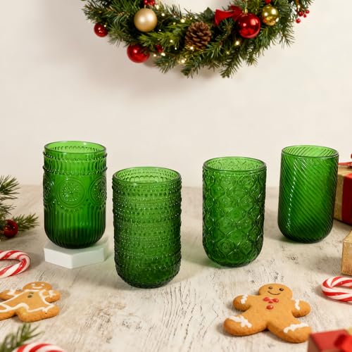 CHLJAR Christmas Green Vintage 14oz Stemless Wine Glasses Set of 6, E-Christmas Green