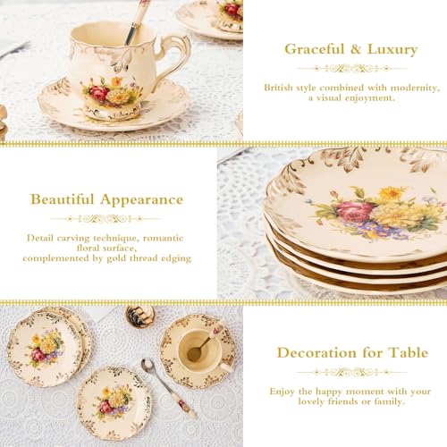 YOLIFE Floral Porcelain Tea Saucer Set of 4, 5.8 Inch Elegant Vintage Tea Plates