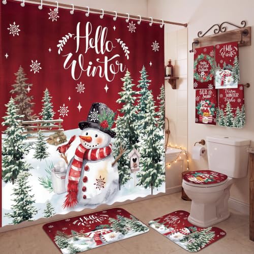 Tranqun Christmas Shower Curtain Set with Towels, Mat, Toilet Lid Cover & Hooks – Winter Holiday Bathroom Decor