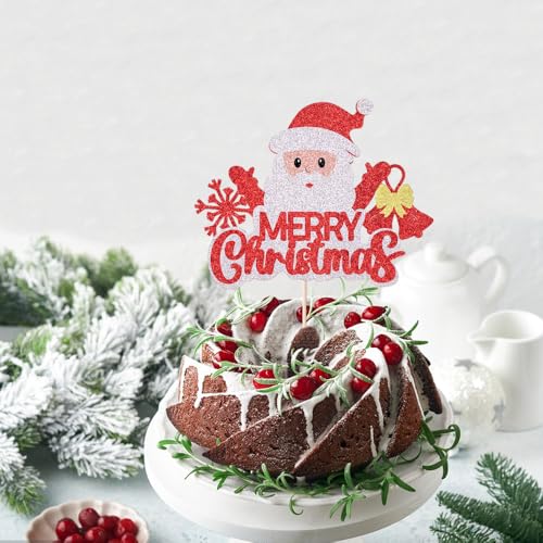 Green Christmas Cake Topper with Santa & Tree - Holiday Party Decoration