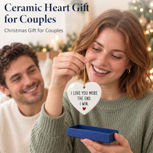 Personalized I Love You More Christmas Ornament - 3 Inch Ceramic Heart for Couples