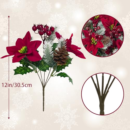 Deep Red Artificial Poinsettia Flowers Christmas Decoration 12 Pack - Velvet Faux Bouquets for Holiday & Indoor Decor