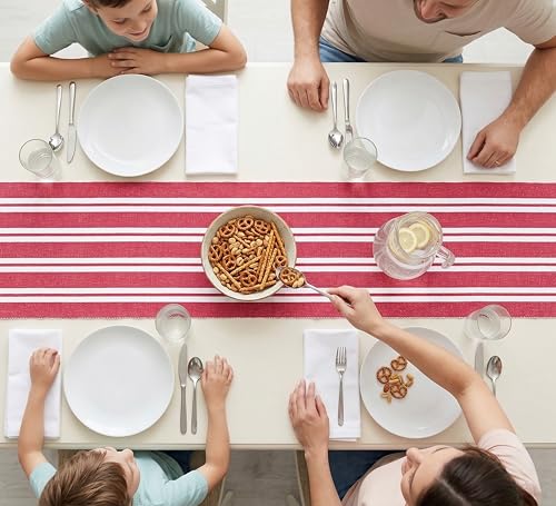 PurpleEssences Red & White Double Stripe Ribbed Cotton Table Runner 14x72