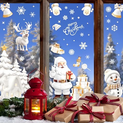 AhfuLife Christmas Window Clings 190PCS Santa & Snowman Reusable 3D Decorations