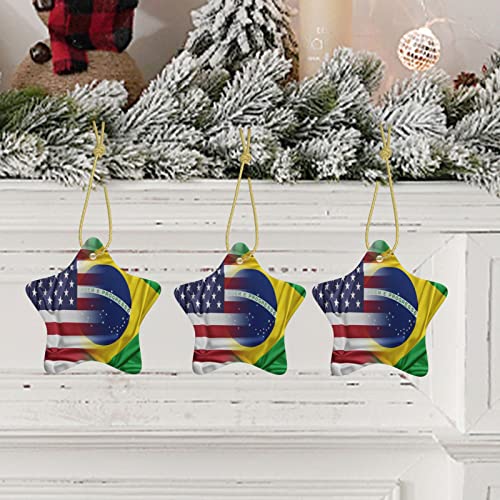 USA Brazil Flag Christmas Tree Ornament Ceramic Double-Sided Hanging Décor - One Size