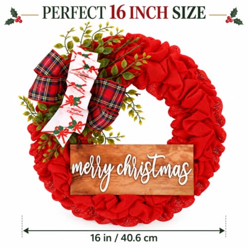 16-Inch Rustic Christmas Wreath for Front Door with Burlap & Wooden Sign
