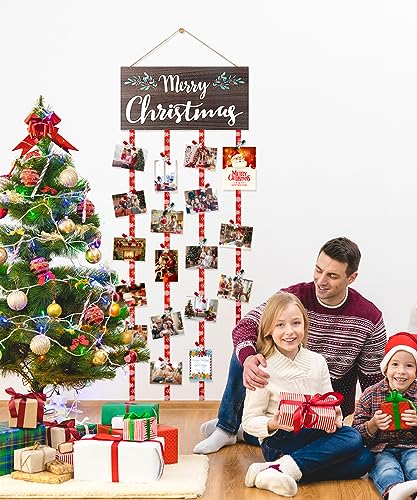 AKEROCK Wood Christmas Card Holder Display - Wall Decor & Gift Idea (Includes 30 Clips)
