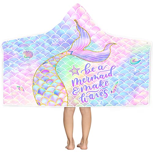 Girls' Mermaid Hooded Beach Towel - Quick-Dry Microfiber Poncho, 30" x 50"