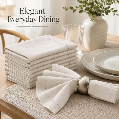 Linen Blend Cloth Dinner Napkins 18x18 - Set of 12 Hemstitched Table Napkins