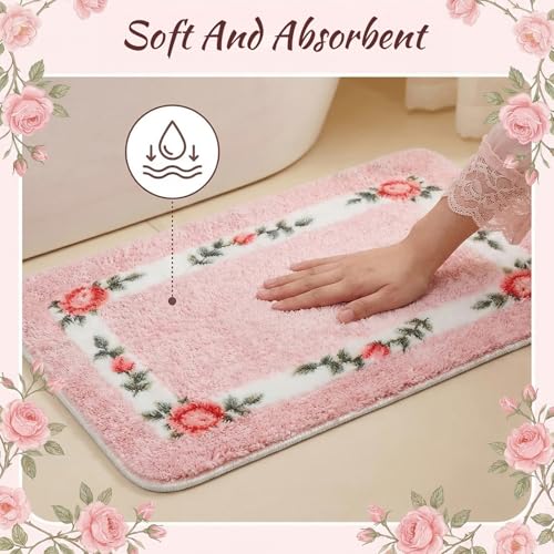 2-Piece Rose Flower Bathroom Rug Set, Soft Absorbent Non-Slip Floral Mats