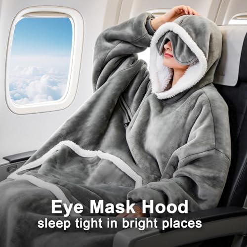 Oversized Sherpa Wearable Blanket Hoodie with Eye Mask - Grey Soft Flannel