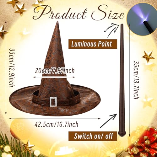 Wizard Hat Christmas Tree Topper with Light-Up Wand – 16.7in/41cm Brown