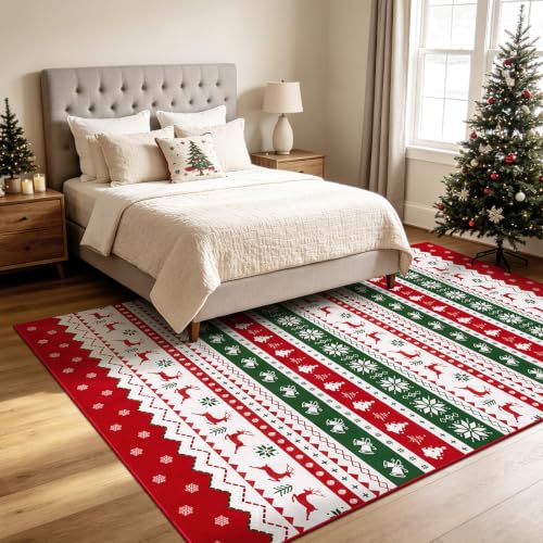 U'Artlines 6 x 9 ft Colorful Christmas Area Rug - Tree Deer Bell, washable