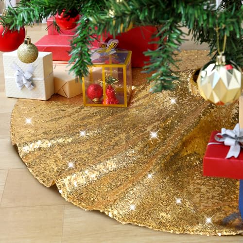 Gold Sequin Christmas Tree Skirt - 36 Inch Sparkly Tree Base Cover