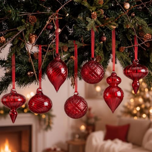 Hungdao 14pcs Vintage Red Glass Christmas Ornaments - Satin Ribbon Hangers