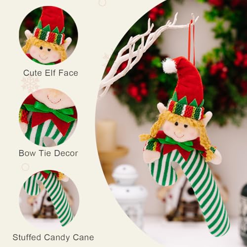 Elf Candy Cane Christmas Hanging Ornament - Plush Holiday Decor, Set of 2