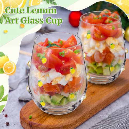 20 oz Lemon Print Stemless Glass Cup for Juice, Iced Coffee and Cocktails