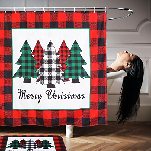 Irenare 5-Piece Red Buffalo Plaid Christmas Shower Curtain Set with Rugs