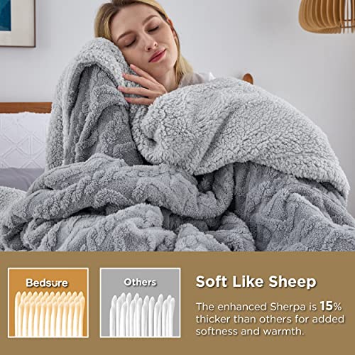 Bedsure Gentlesoft Sherpa Fleece Blanket Twin Size for Bed - Fluffy & Cozy Cable Jacquard Tufted for Women Gift, Thick and Warm Christmas Blanket for Winter, Grey, 60x80 Inches
