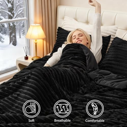 Fluffy Queen Comforter Set - 3 Piece Soft Faux Fur Stripe Bedding Set