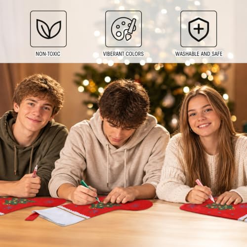 Christmas Felt Stockings with Glitter Pens Set - Red, 8.27 x 5.91 inches - DIY Holiday Decorations