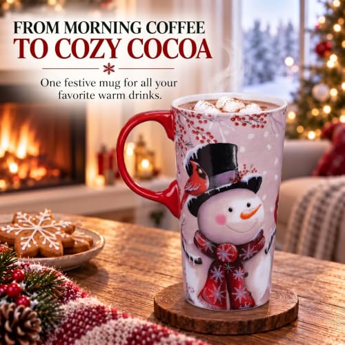 Topadorn 17oz Ceramic Travel Mug with Lid - Snowman Cardinal Christmas Coffee Cup