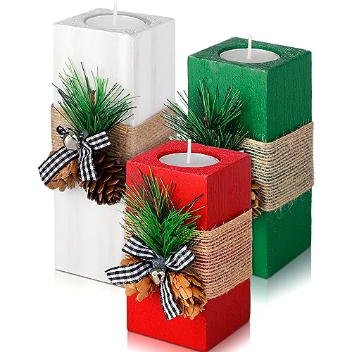 3-Piece Wooden Christmas Candle Holder Set for Table Centerpiece Decor
