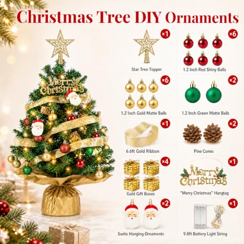 24 Inch Tabletop Christmas Tree with Lights and Decorations - HRZOUKP