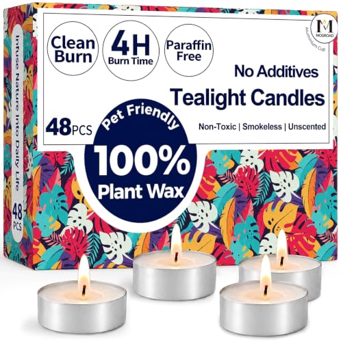 MOSROAD 4 Hour Palm Wax Tea Lights Candles 48 Pack - Unscented, Long-Lasting, Safe Home Decor