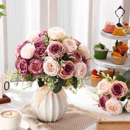8 Bundles Dusty Pink Artificial Peonies Flowers - Faux Silk Bouquet for Weddings & Home Decor