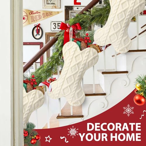 Hommtina Bone-Shaped Christmas Dog Stocking - White Knit Holiday Pet Decor