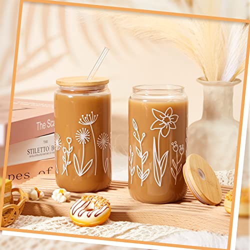 24 Pcs Boho Floral Glass Cups with Lids & Straws - 16 oz Coffee Tumblers - Variation of 24 / Boho Floral