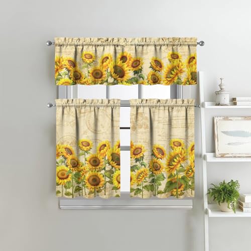 Sunflower Kitchen Curtains 3 Piece Set | Valance & Tier Panels