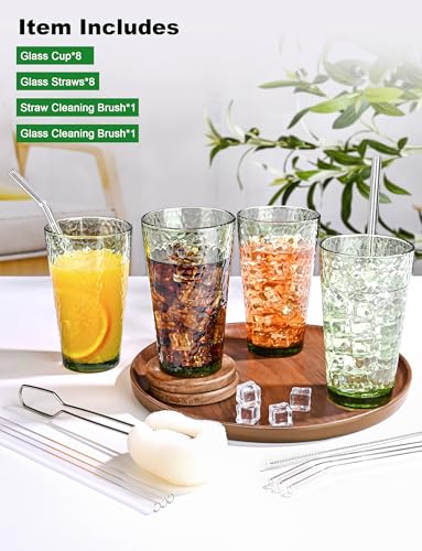 Amyoole Green 16oz Hammered Highball Drinking Glasses Set of 8 - Dishwasher Safe