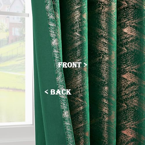Chorowl Green and Gold Velvet Curtains 52x90 in (Pack of 2) - Gilded Foil Print Living Room