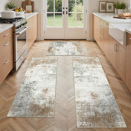 GENIMO Set of 3 Washable Non-Slip Kitchen Rugs Beige Brown 20x32/48/59 in